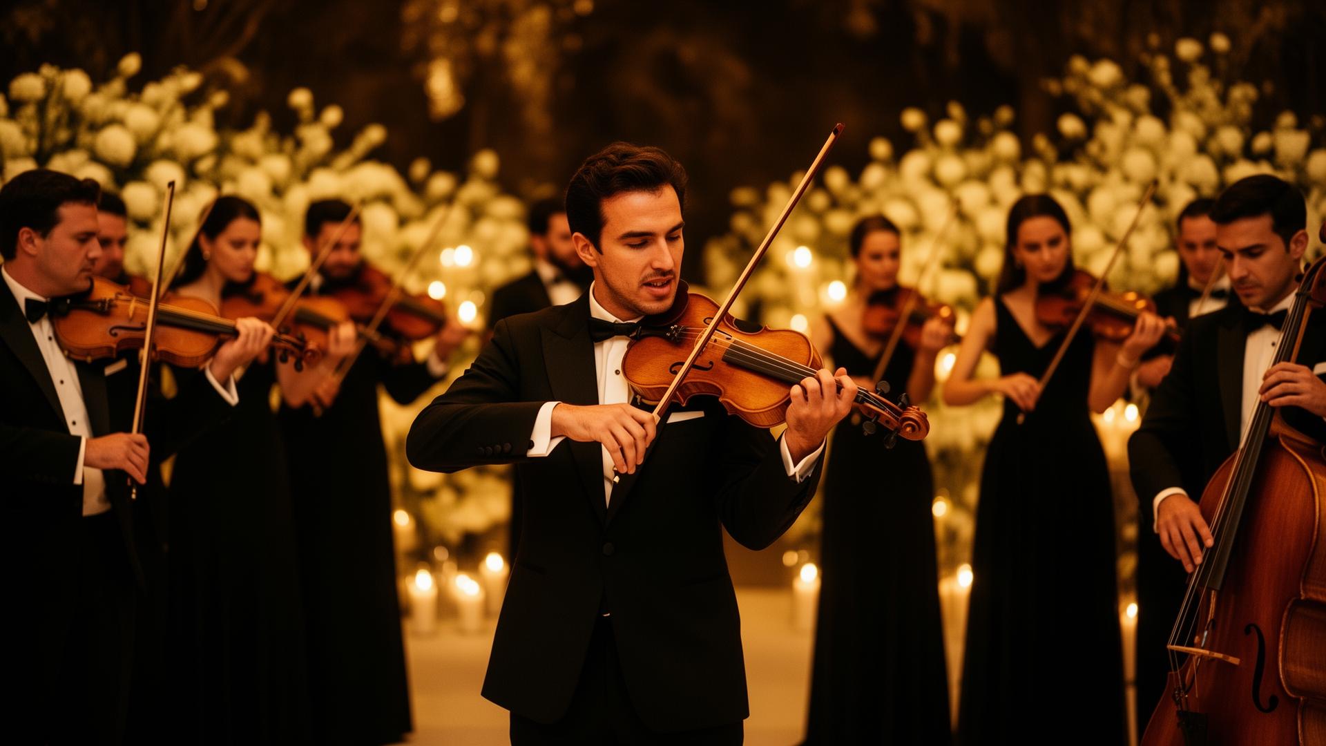 Orquestra tocando ao vivo em casamento ao pôr do sol